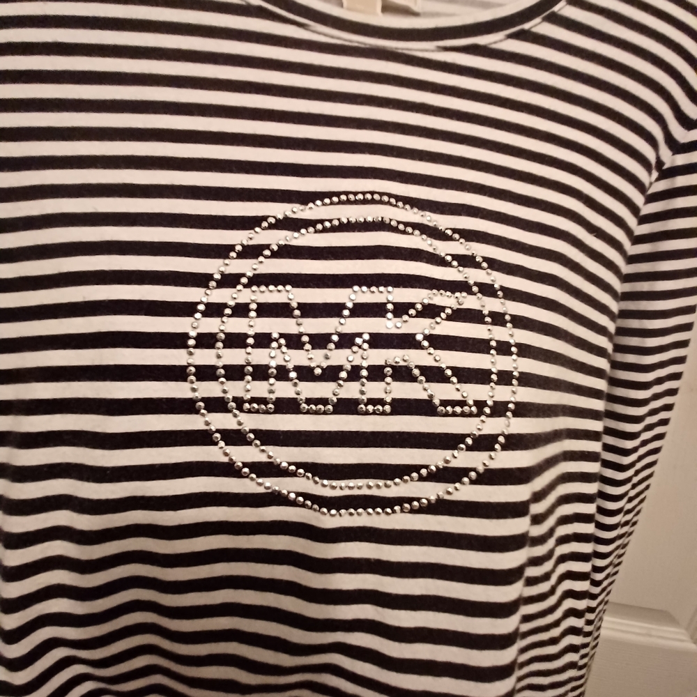MICHAEL KORS BLACK WHITE STRIPED MK BLING TEE SHIRT LONG SLEEVE XL TOP